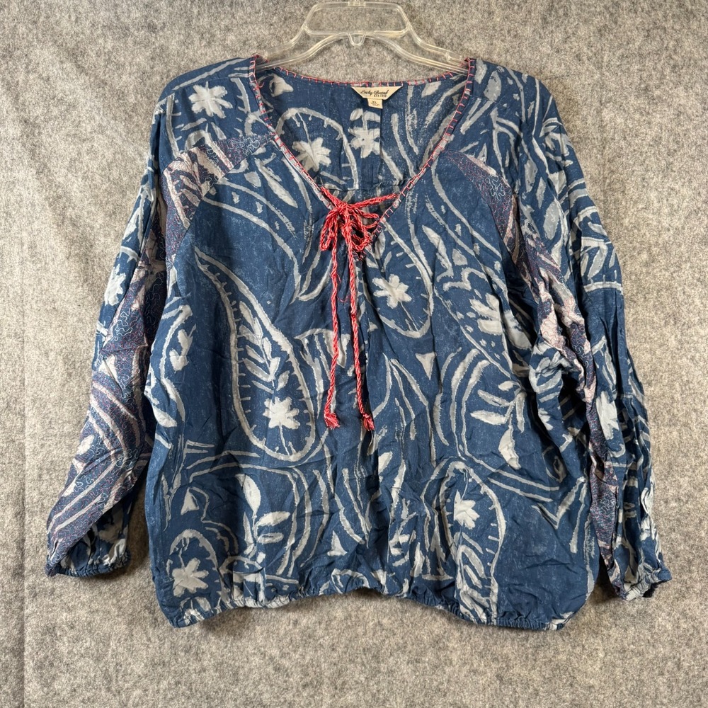 Lucky Brand Peasant Boho Top Womens XL Long Sleeve Paisley Tassle V-Neck Laceup